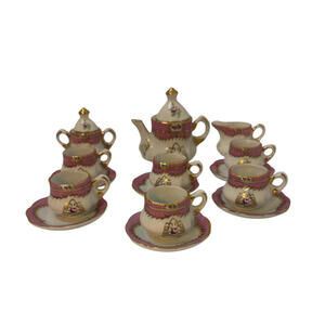 Miniature 17 Pc Tea Set Vintage Cottage Marked Limoges Pink, Gold & Pink Rose